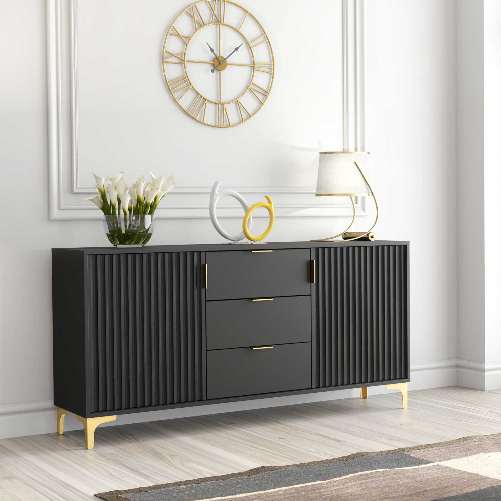 Sideboard Cabinet Storage Cupboard Drawers Black Grooved Doors Loft Retro Industrial Living Dining Room Hallway Furniture 140cm