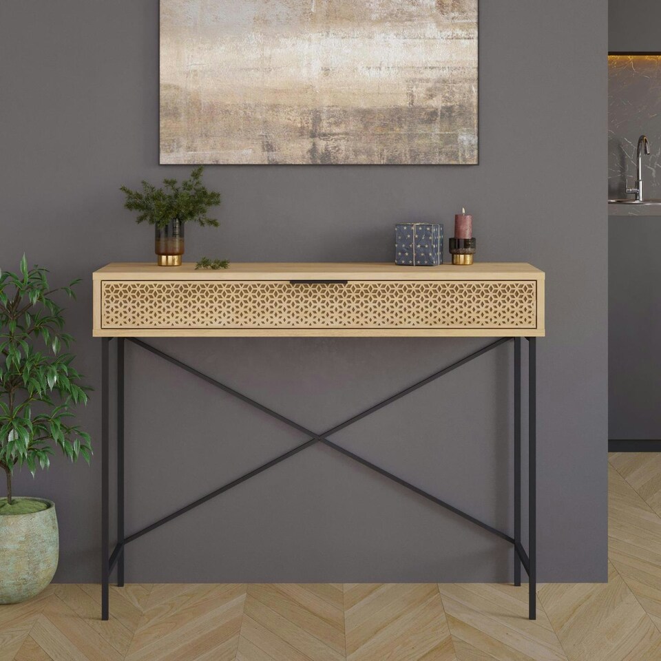 image 1 of Naive 1 Drawer Console Table Sapphire Oak with Black Metal Frame Brown
