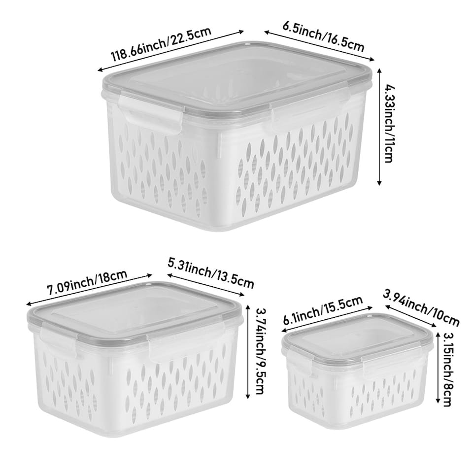 image 1 of Living and Home 3pcs Fridge Storage Containers Box with Removable Drain Baskets | Grey
