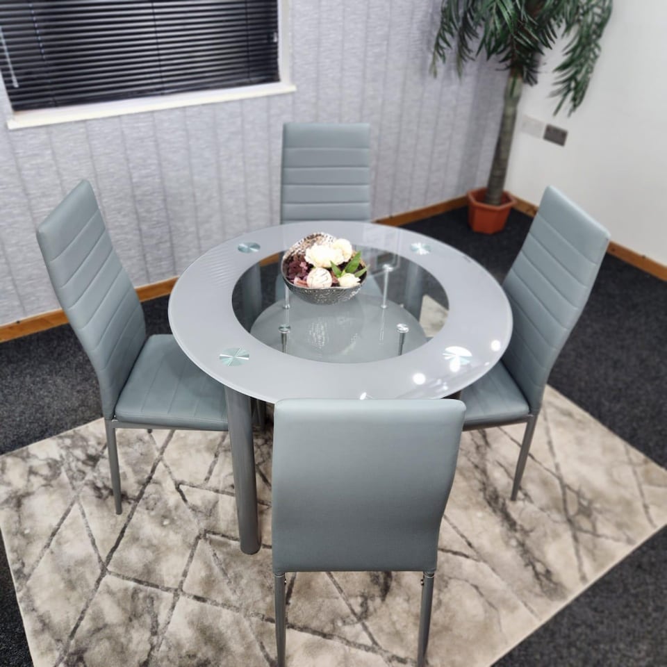 image 1 of Dining Table And 4 Chairs Grey Round Table With 4 Grey Chairs Dining Room Furniture | Grey | One Size | 5