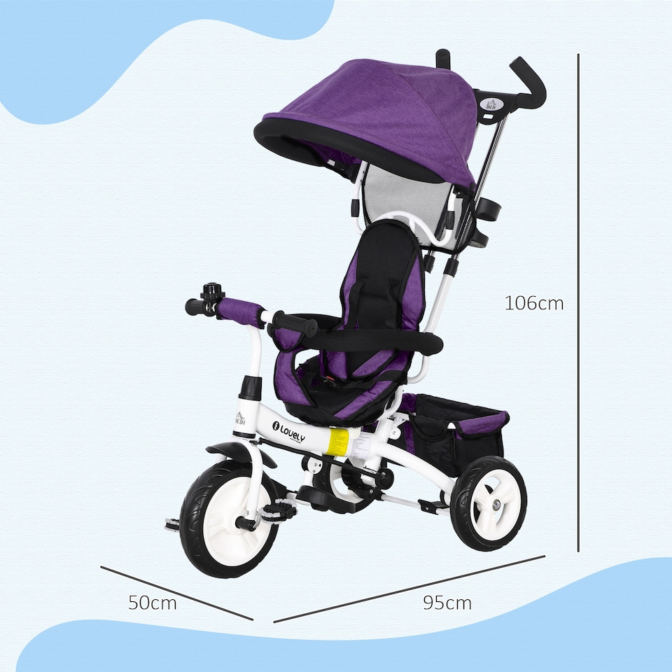 image 1 of HOMCOM 6 in 1 Trike, Kids Tricycle, Pedal Push Bike with Parent Handle, Removable Canopy, 5-Point Safety Belt, Storage, Footrest, Brake, for 1-5 Years Toddler, Purple
