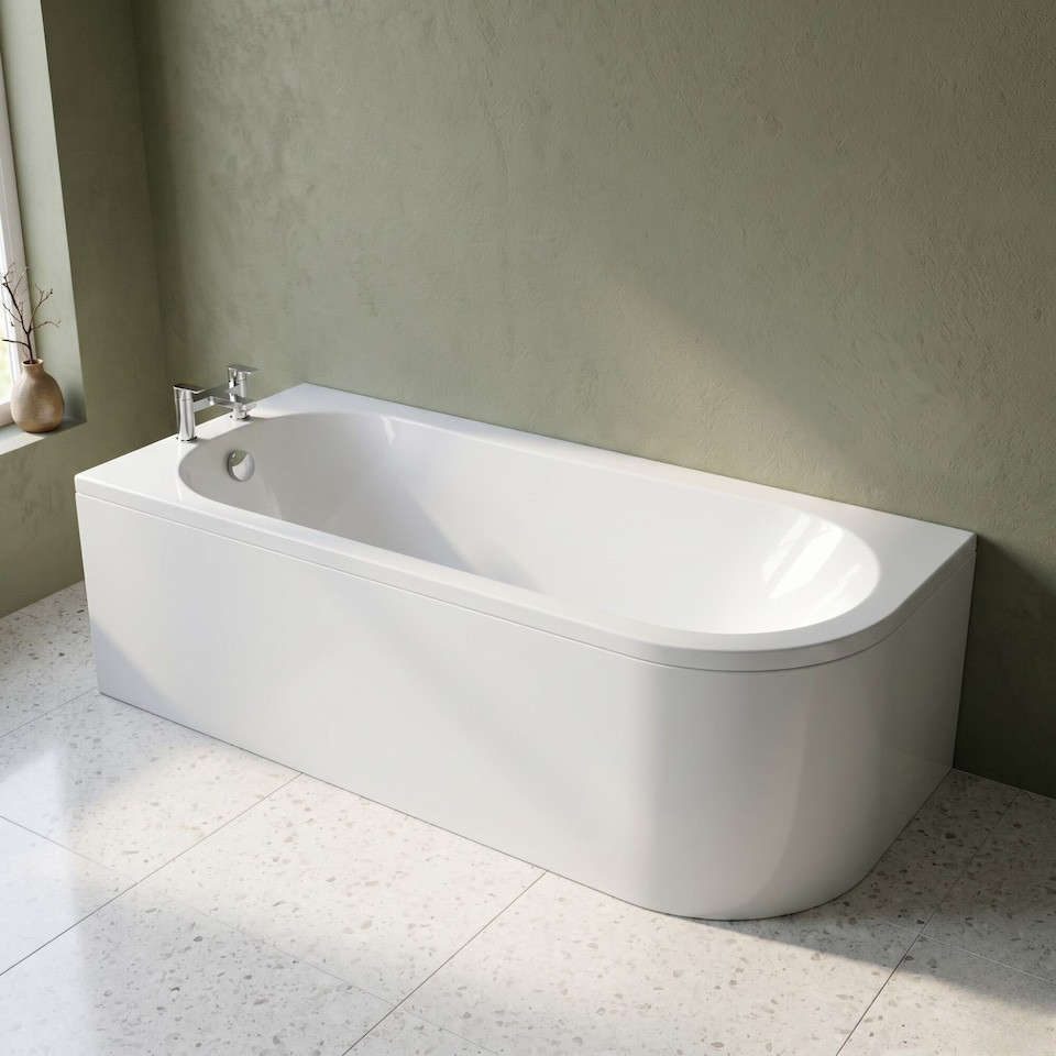 image 1 of Balterley Kingsley Left Hand Back to Wall Corner J Shaped Bath Tub and Panel - Balterley | White | White | 1