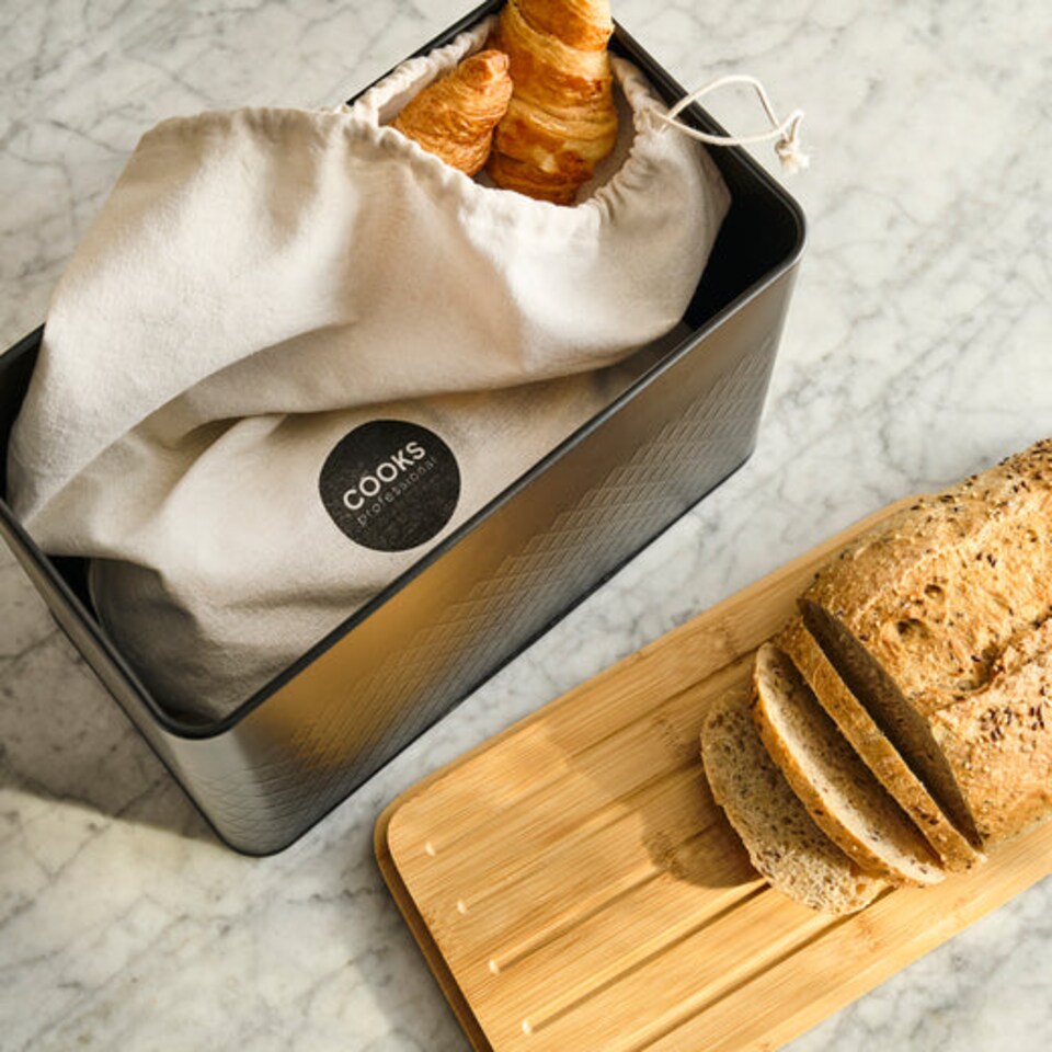 image 1 of Cooks Professional Diamond Pattern Bread Bin with Linen Bag & Bamboo Cutting Board Lid | Black | Black | 1