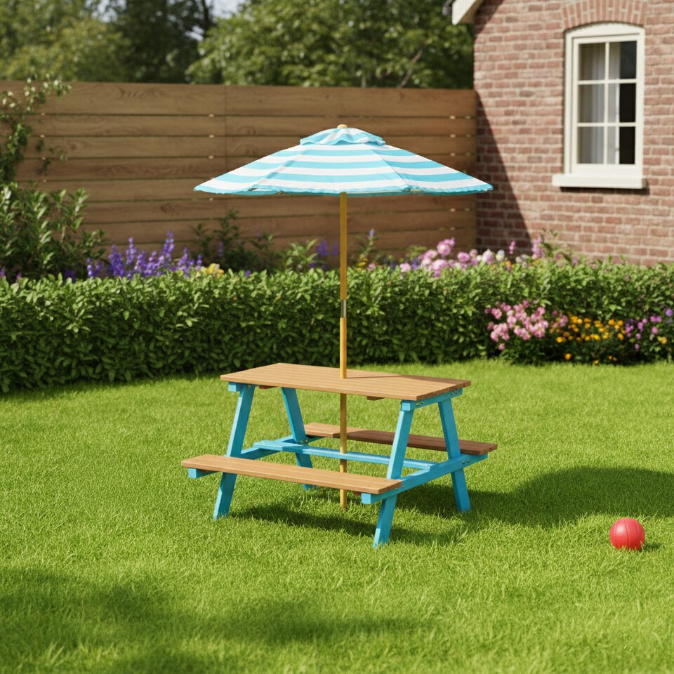 image 1 of Teamson Kids Children's Wooden Picnic Table with Umbrella for Outdoor Garden Play, Blue