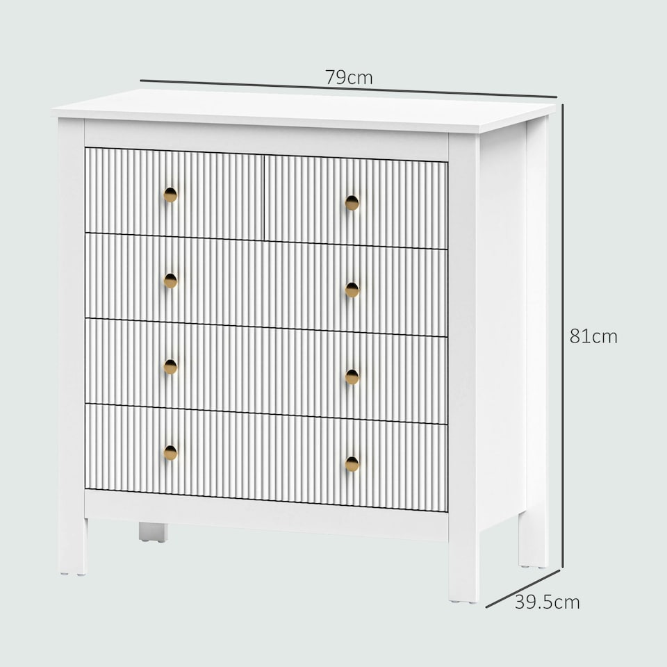 image 1 of HOMCOM Fluted Bedroom Chest of Drawers w/ 5 Drawers Gold Tone Handles White