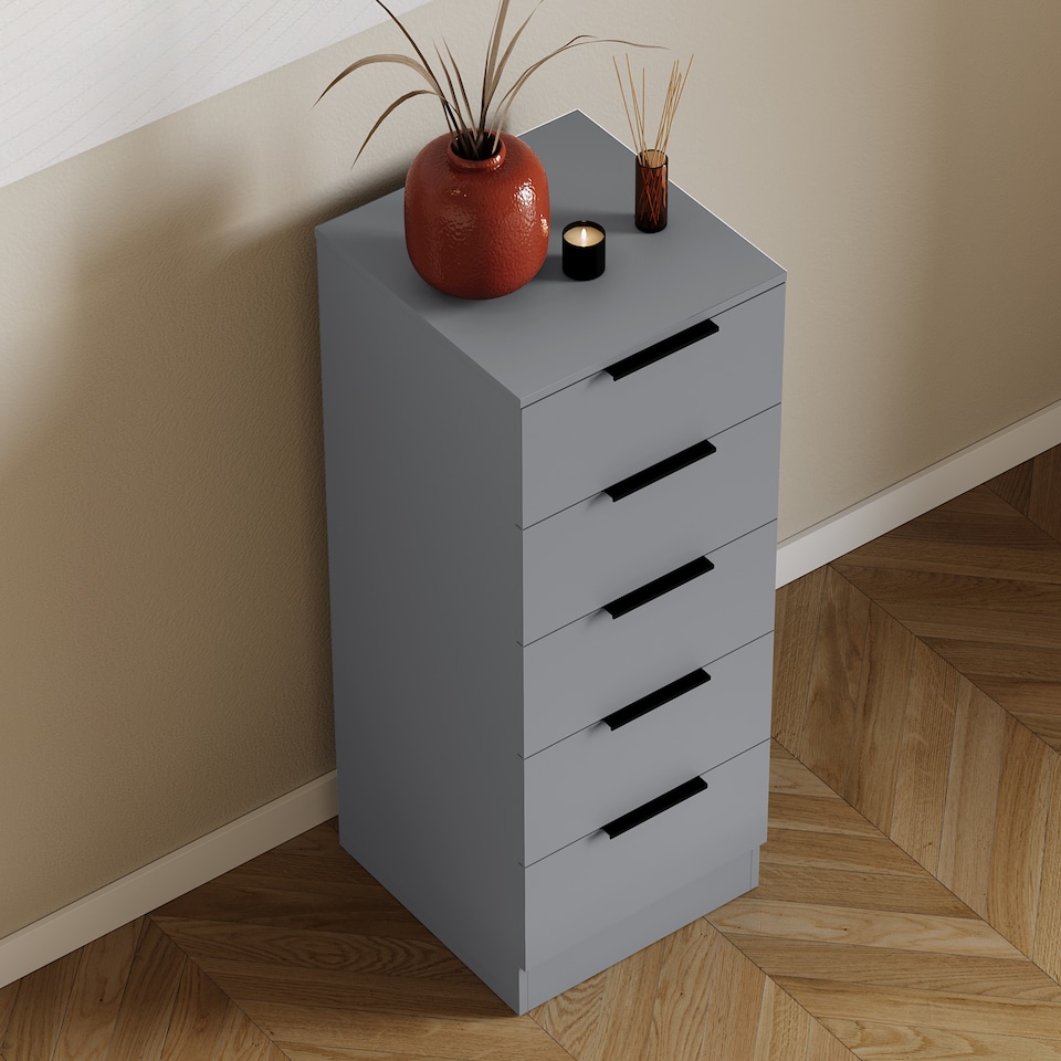 image 1 of Vida Designs Trega 5 Drawer Tall Narrow Chest of Drawers Bedroom Storage Unit - Grey