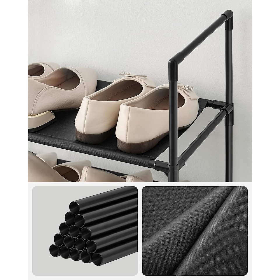 image 1 of 10-Tier Shoe Tower, Compact Storage Rack with Fabric Shelves and Metal Frame, Black