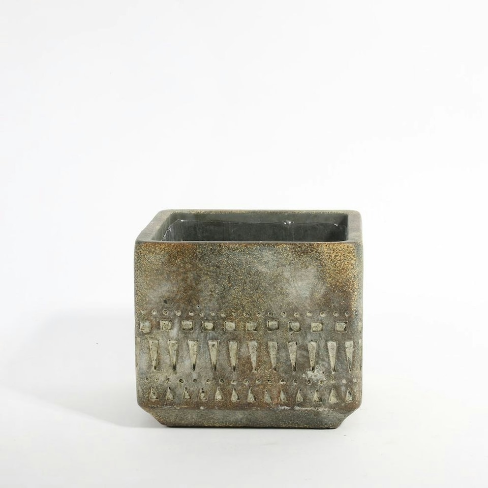 image 1 of Cement Tribal Inspired Cube Plant Pot - H10.5cm