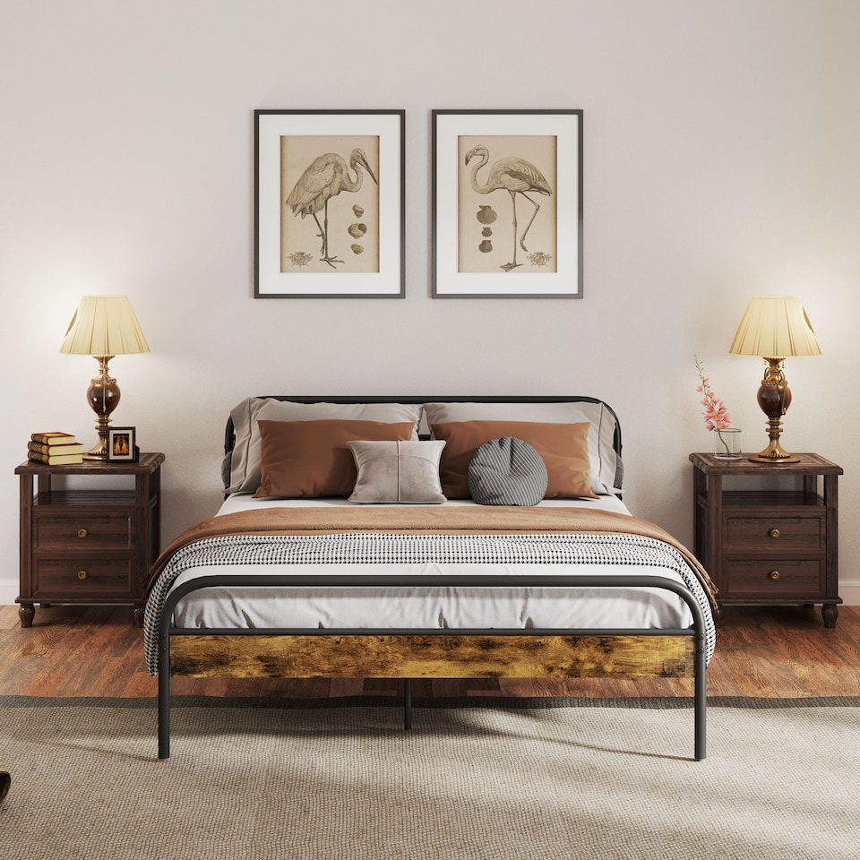 image 1 of HOMCOM 5ft King Size Bed Frame with Headboard, Platform Bed Frame with Underbed Storage, Slat Support, No Box Spring Needed, Easy Assembly, Rustic Brown