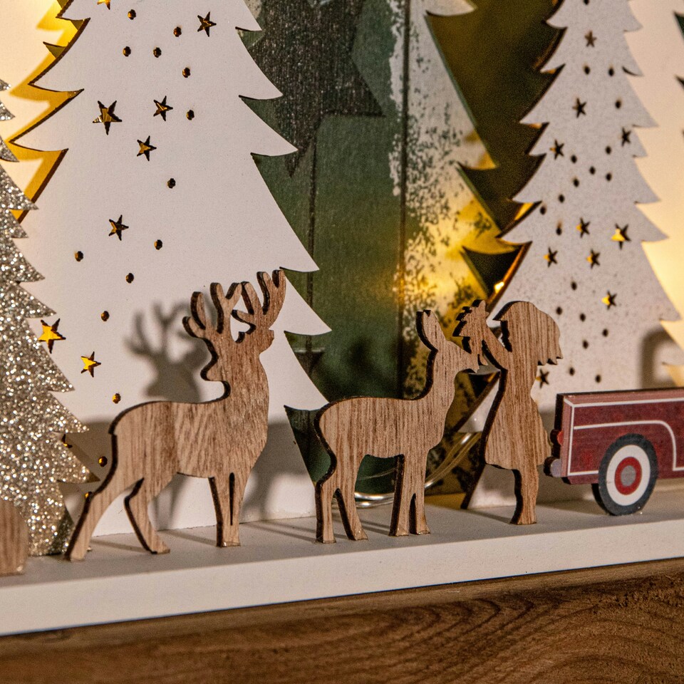 image 1 of 31cm Battery Operated Light up Wooden Christmas Tree with Deer and 15 Warm White LEDs