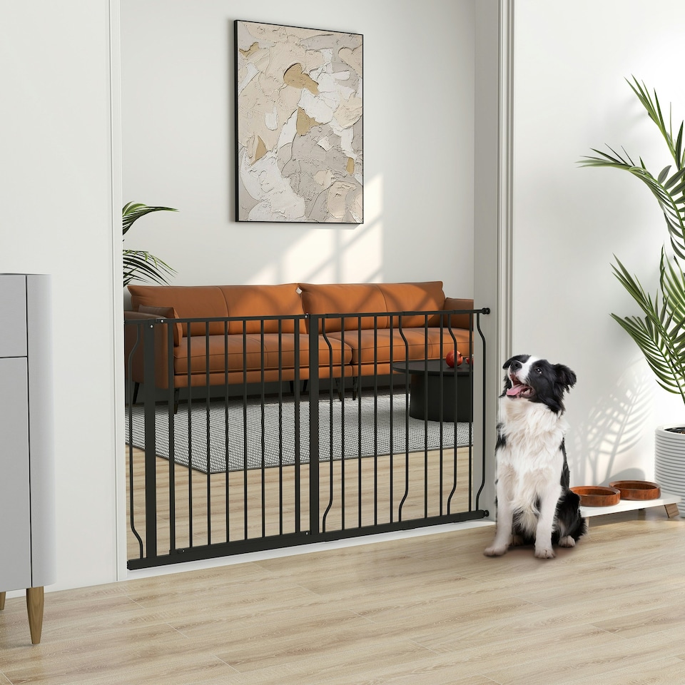 image 1 of PawHut Dog Gate Wide Stair Gate w/ Door Pressure Fit, 75-145W cm, Black