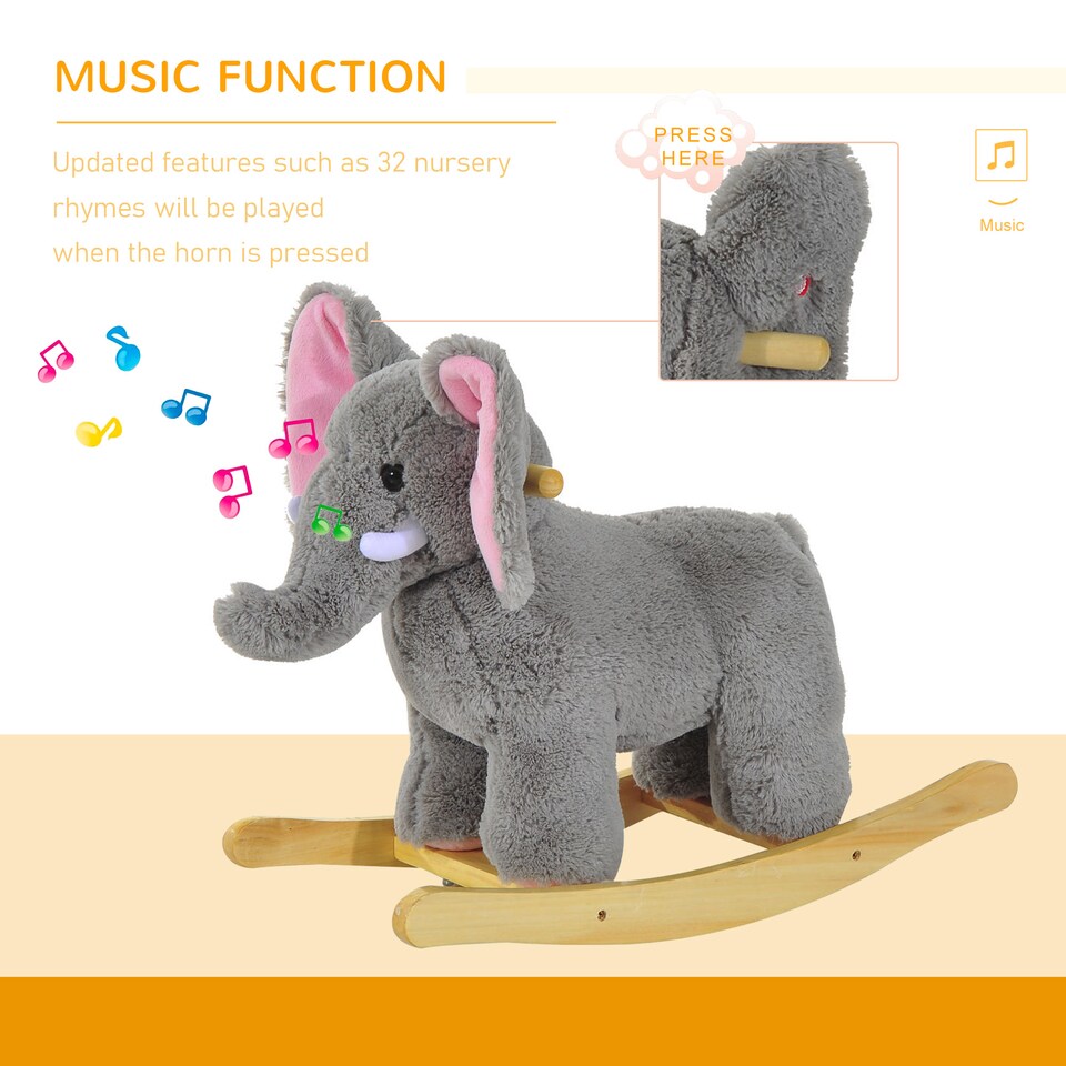image 1 of HOMCOM Kids Children Rocking Horse Plush Ride on Animal Wooden Riding Traditional Rocker Gift with32 nursery rhymes (Grey Elephant)