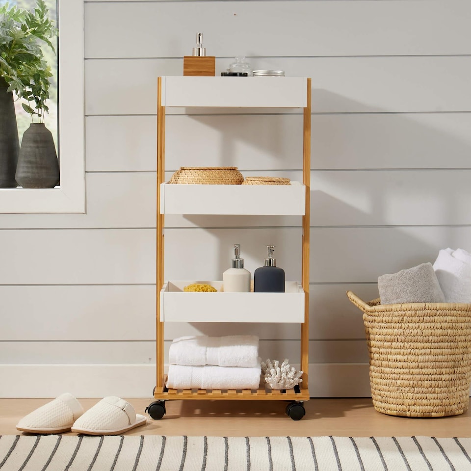 image 1 of Bamboo Storage Trolley White 4 Tier with Wheels Kitchen Bathroom Organiser Unit