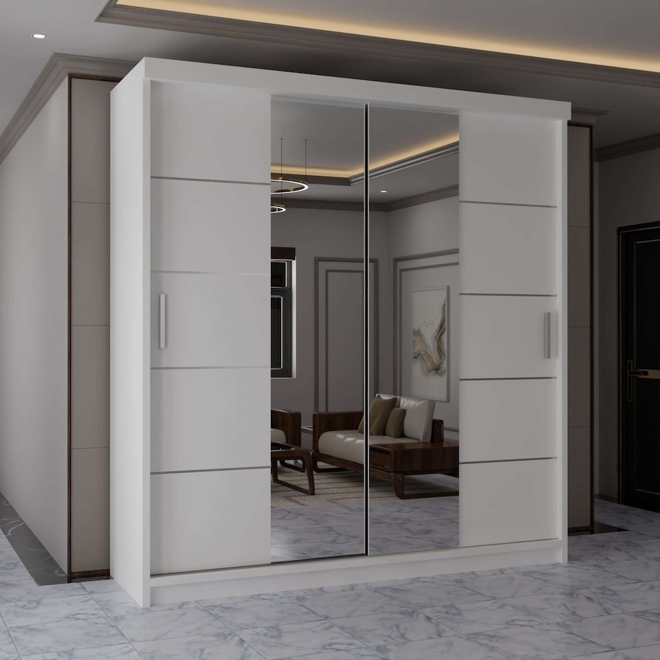 image 1 of Sliding Wardrobes 4U Modern Panelled Mirror Sliding Wardrobe - 120cm to 203cm, White, Black, Grey, Oak