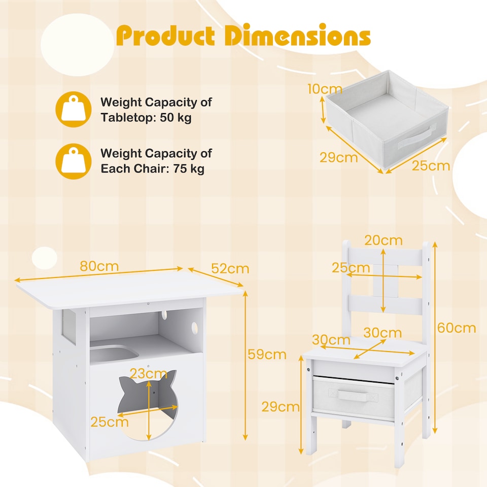 image 1 of COSTWAY Kids Table and Chairs Set with Cat House White