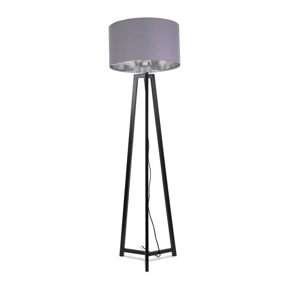 image 1 of ValueLights Lottie Black Wood Tripod Floor Lamp with Grey & Chrome Shade & Bulb | Grey