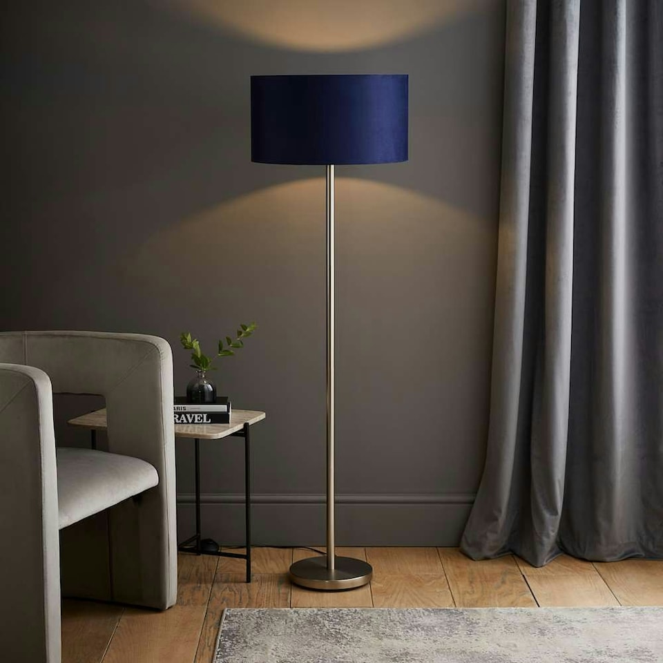 image 1 of ValueLights Charlie Chrome Floor Lamp Navy Velvet Shade & Bulb Blue