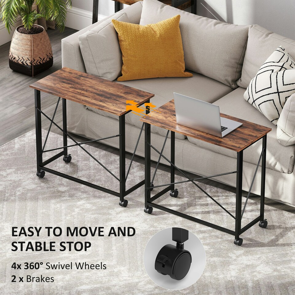 image 1 of HOMCOM Folding Desk on Wheels, Writing Table for Home Office, Brown Brown | White