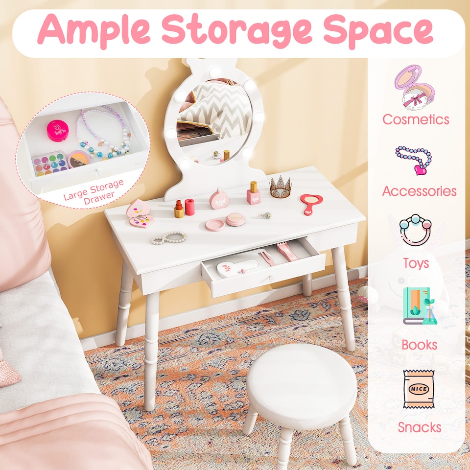 image 1 of COSTWAY Princess Vanity Table & Chair Set Kids Set White