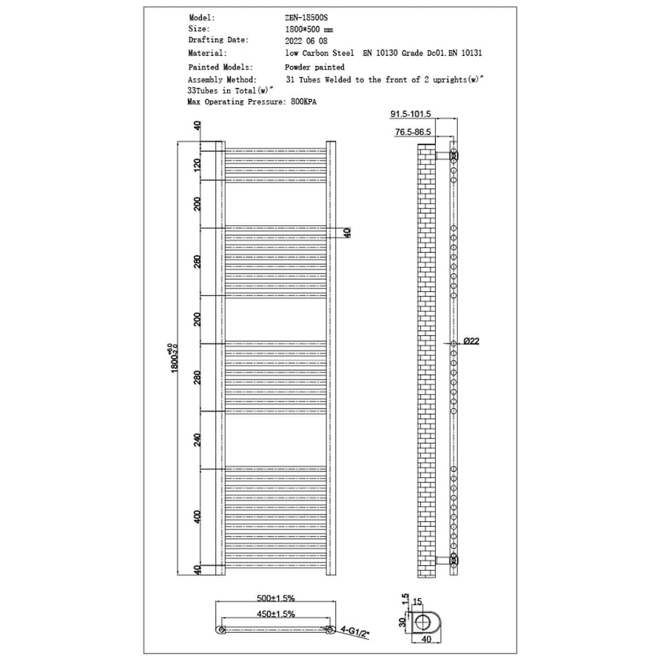 image 1 of Zennor - Black Dual Fuel Towel Rail H1800mm x W500mm Thermostatic