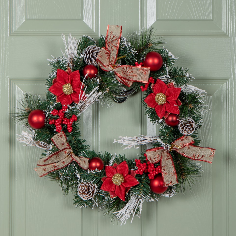 image 1 of Premier 40cm Christmas Red Dressed Festive Wreath With Baubles Bows And Pinecones