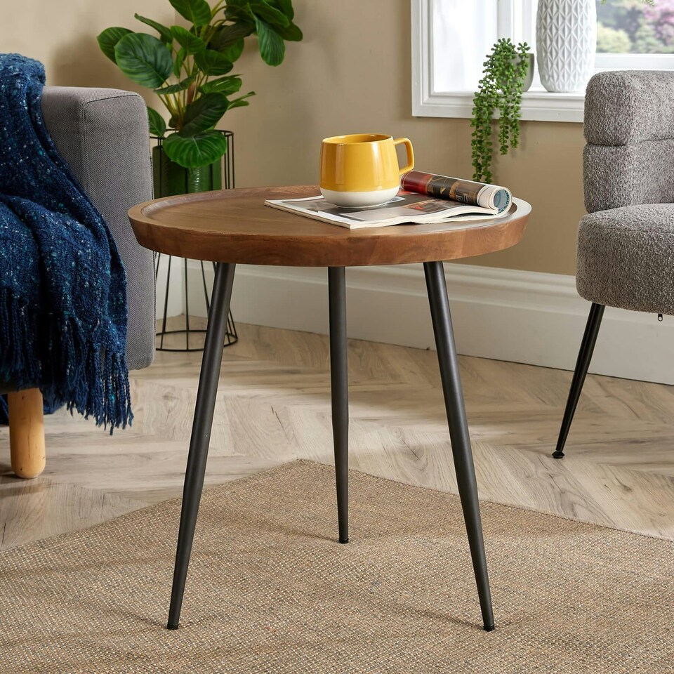 image 1 of Small Coffee Table Round Rustic Solid Mango Wood Living Room Furniture Unit Brown