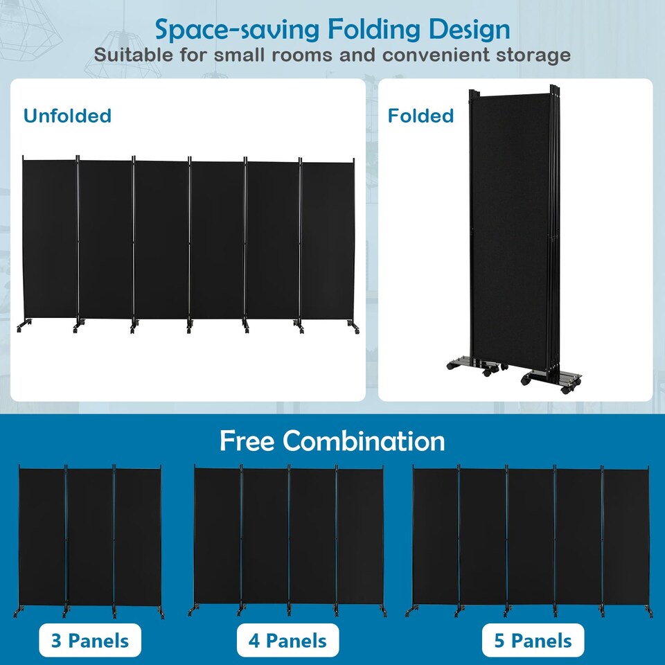 image 1 of COSTWAY 6-Panel Folding Room Divider 172cm Rolling Privacy Screen-Black
