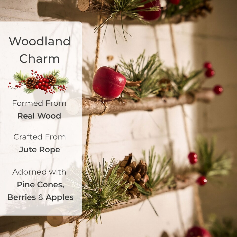 image 1 of Neo Wooden Hanging Wall Xmas Christmas Tree Ladder Decoration Rustic Nordic Hygge Style with Pine Cones Red Berries Jute Rope Wall Mounted Décor