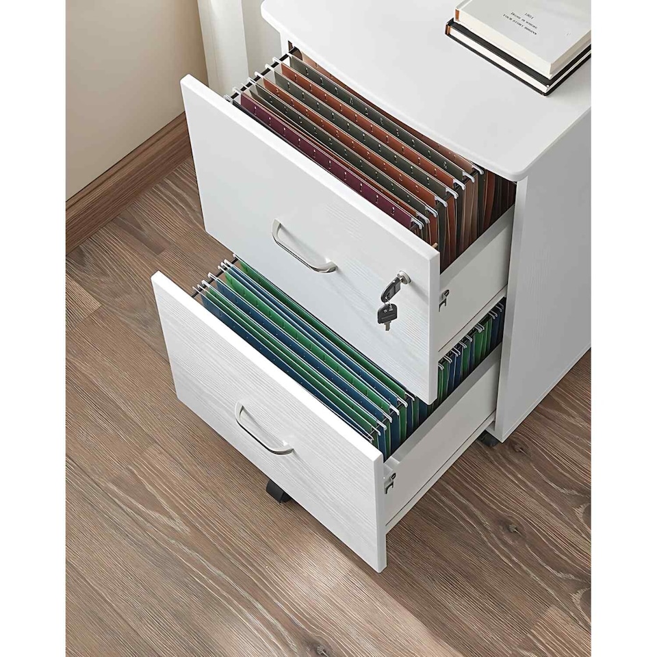 image 1 of Rolling File Cabinet with 2 Lockable Drawers, Mobile Printer Stand, Home Office Storage, White