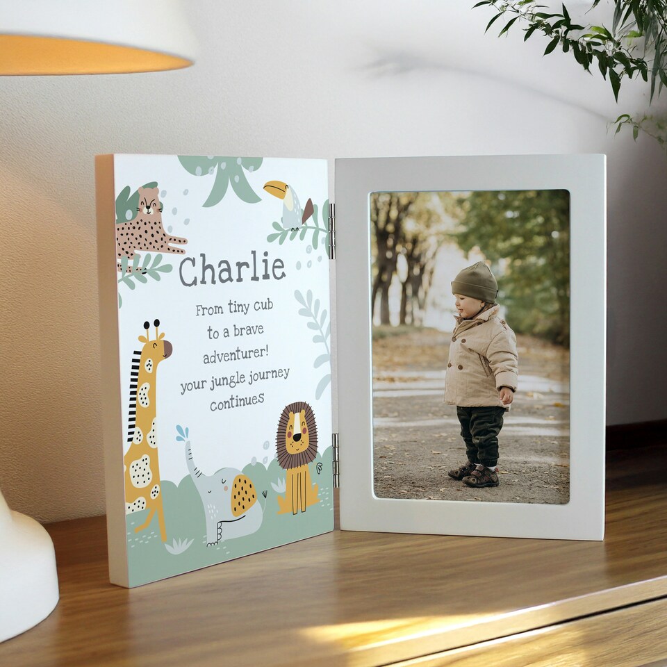 image 1 of Personalised Animals Wooden Hinged 6x4 Photo Frame White | One Size