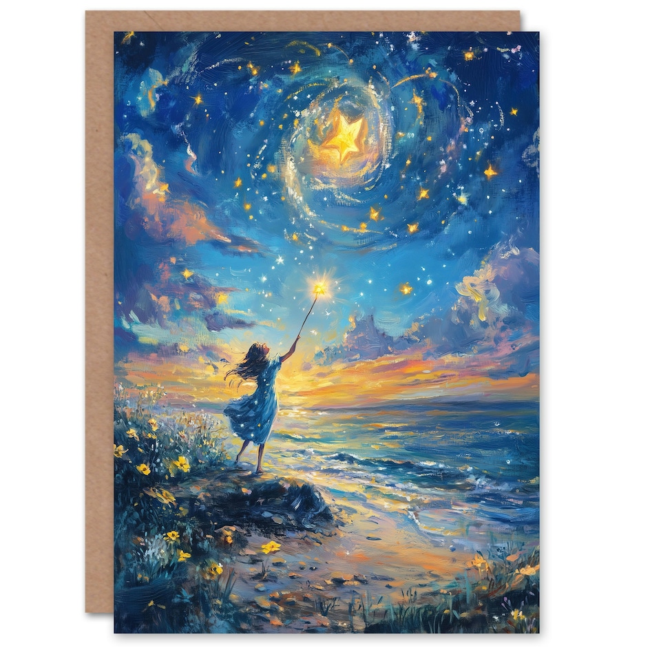 image 1 of Wish Upon A Star Magical Sky Beach Fantasy Art Birthday Greeting Card