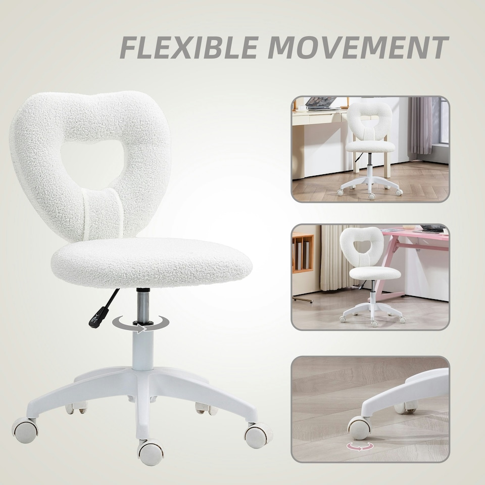 image 1 of HOMCOM Armless Heart Desk Chair, Makeup Vanity Chair for Home, White White