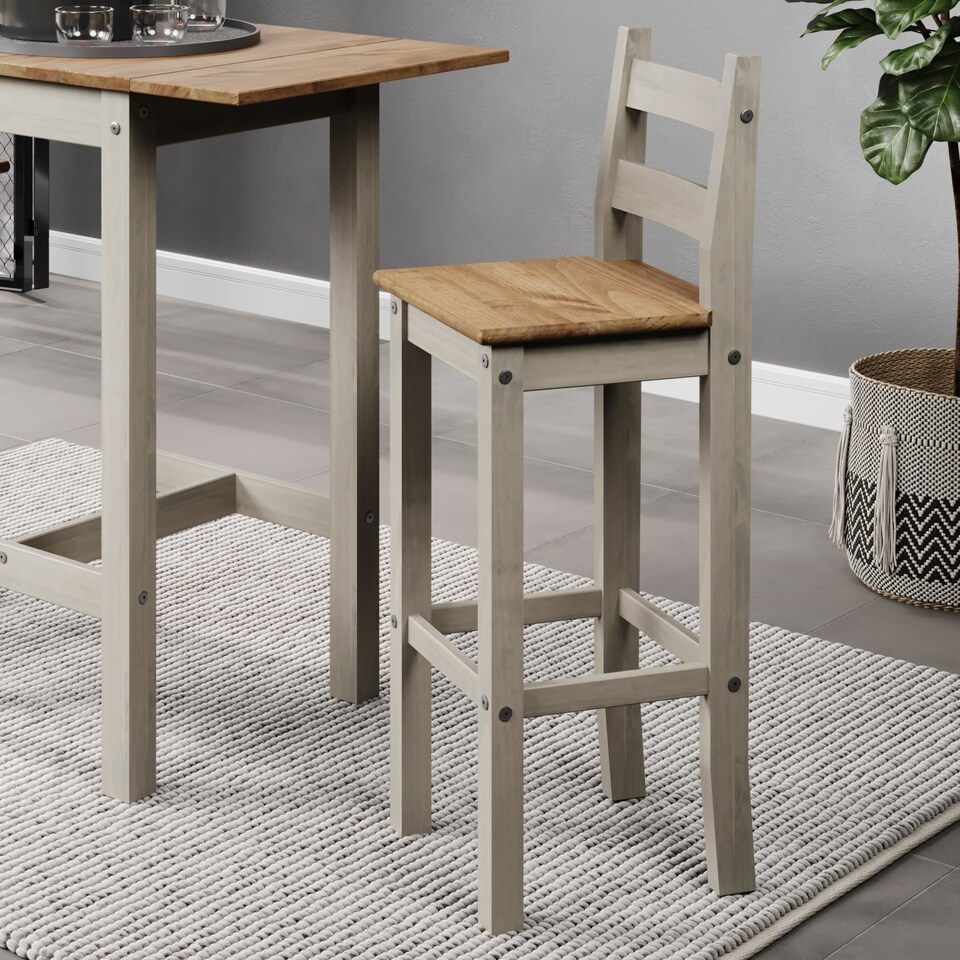 image 1 of Pair of Corona Grey Wax High Breakfast Bar Chairs – Rustic Solid Wood Farmhouse Seating | Grey | Grey | 1