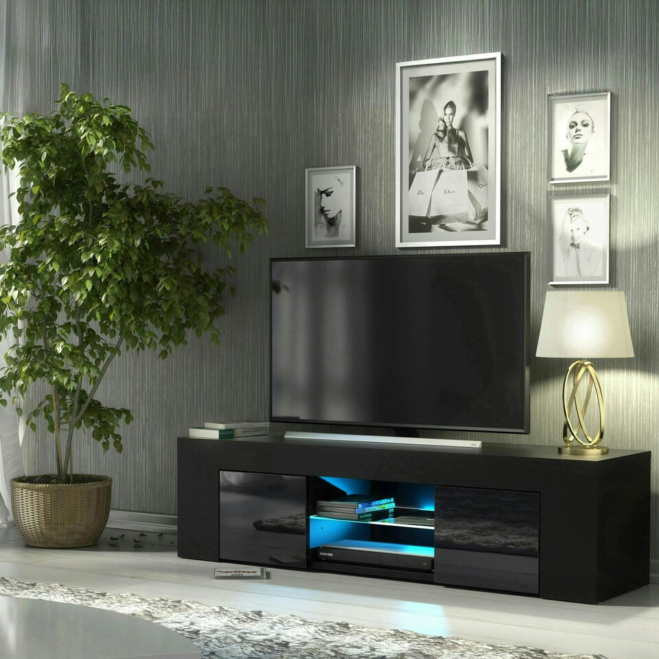 image 1 of TV Unit 130cm Black Gloss Doors Black Matt Body Modern Media Stand Black