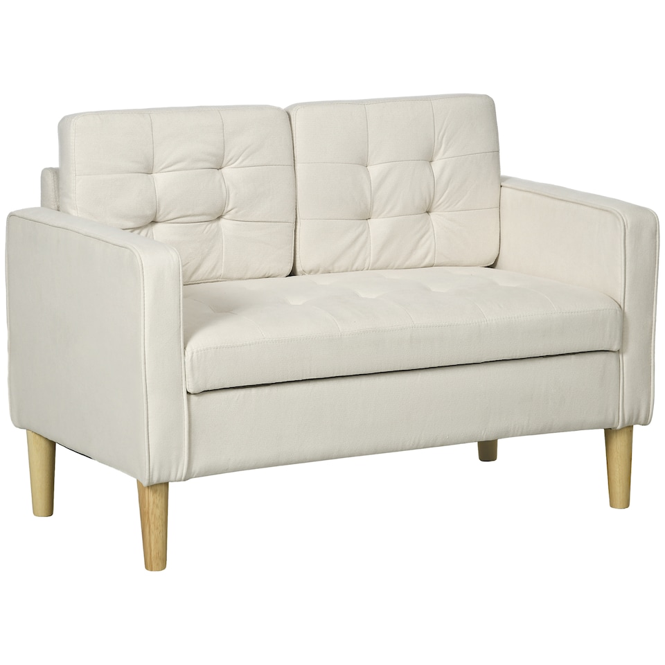 image 1 of HOMCOM Modern 2 Seater Sofa with Hidden Storage, 117cm Tufted Cotton Couch with Wood Legs, Compact Loveseat for Living Room, Kitchen, Cream White