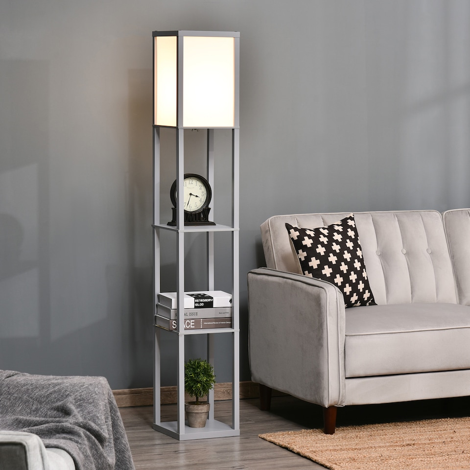 image 1 of HOMCOM 3Tier Floor Lamp, Floor Light with Storage Shelf, Reading Standing Lamp with Acrylic Shade for Living Room, Bedroom, Kitchen, Dining Room, Office, Dorm, 160cm, Grey