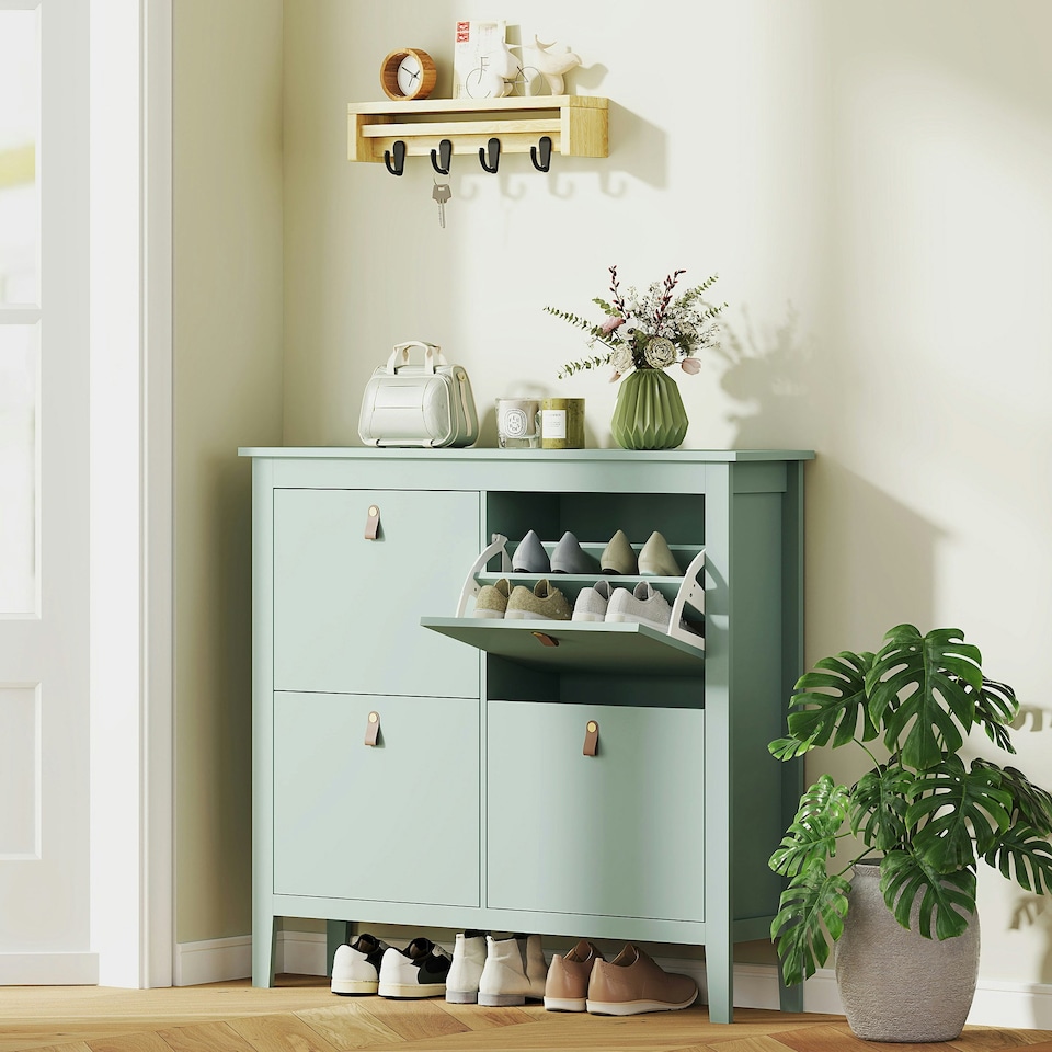 image 1 of HOMCOM 4 Drawer Shoe Cabinet with Flip Doors for Hallway, Entryway | Green | 105W x 24D x 95.5H cm | 1