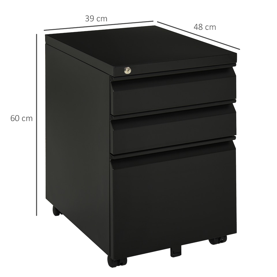 image 1 of Vinsetto 3-Drawer Filing Cabinet, Mobile Metal File Cabinet with Lock and 5 Wheels for A4 Legal Letter Sized Hanging File Folders, Under Desk Drawers, Pre-Assembled Body, 39 x 48 x 60 cm, Black