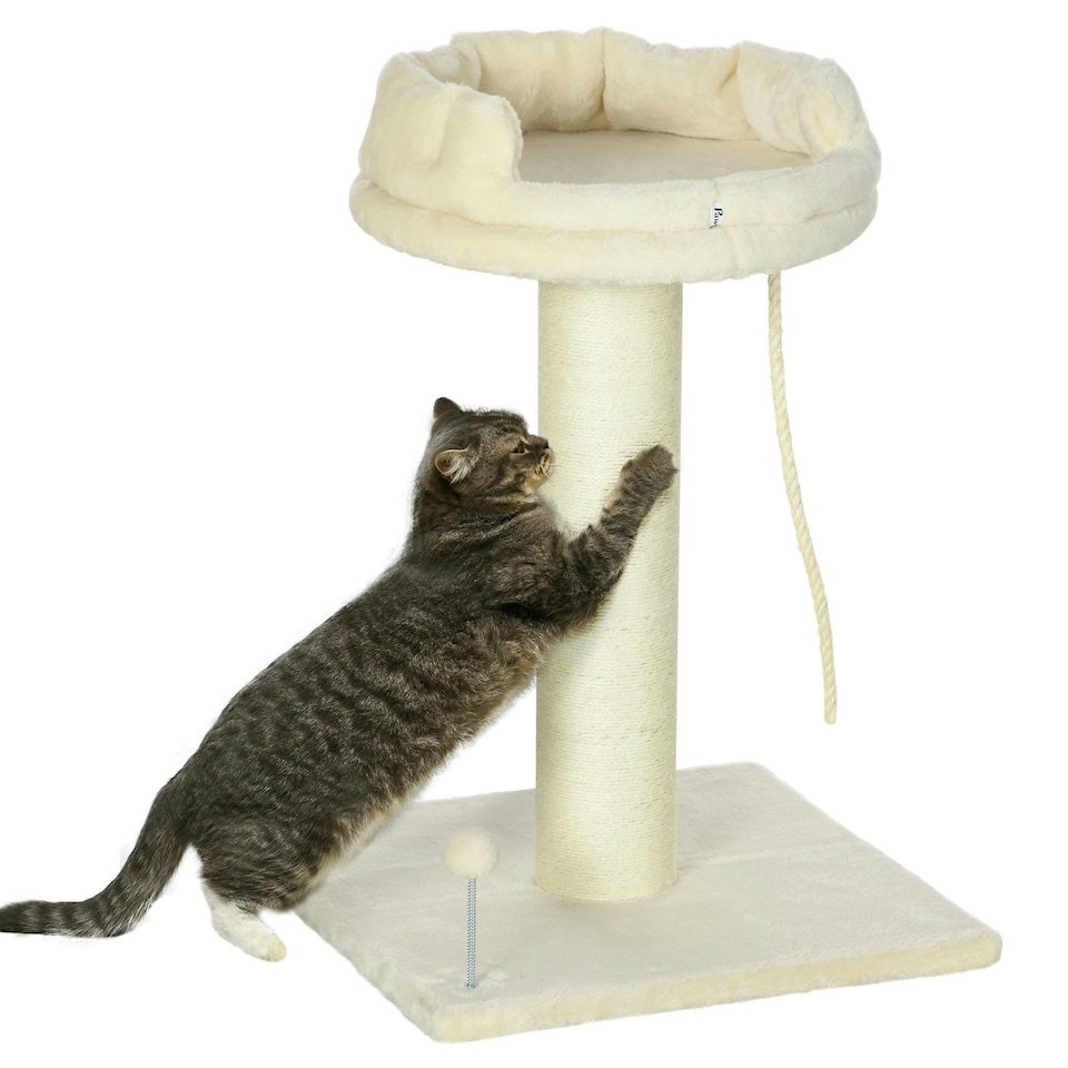 image 1 of PawHut 83cm Cat Tree Tower with Scratching Post, Kitten Bed, Toy, Cream