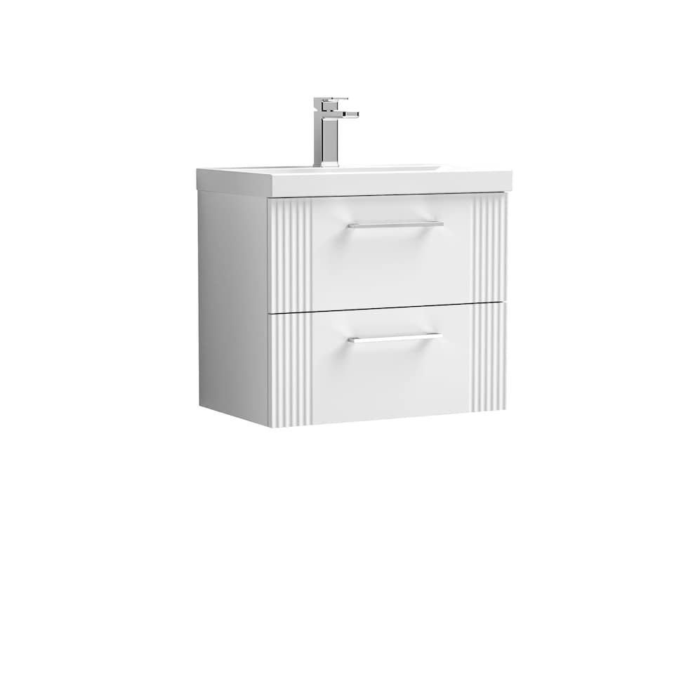 image 1 of Retro 2 Drawer Wall Hung Vanity Unit with Thin-Edge 1 Tap Hole Ceramic Basin - 600mm - Satin White - Balterley White