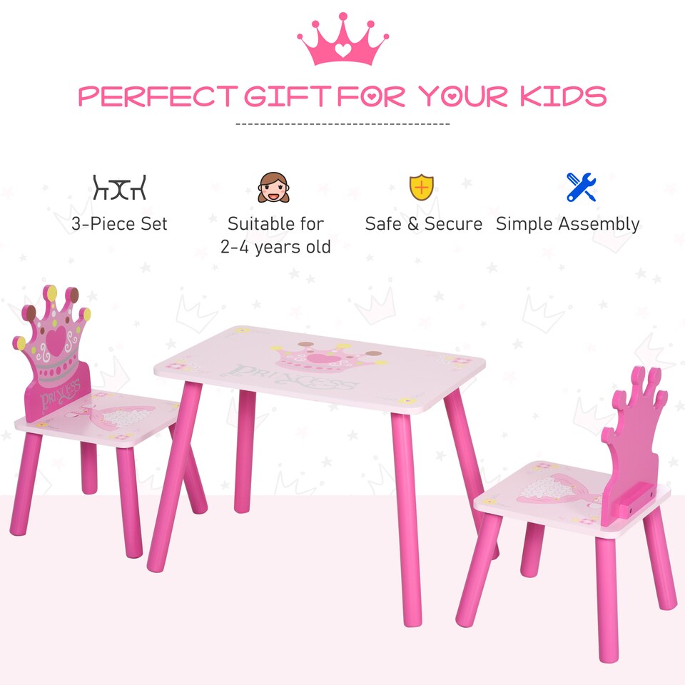 image 1 of HOMCOM 3 Pcs Kids Princess & Crown Chair Table Set Home Furniture 2-4 Yrs | Pink