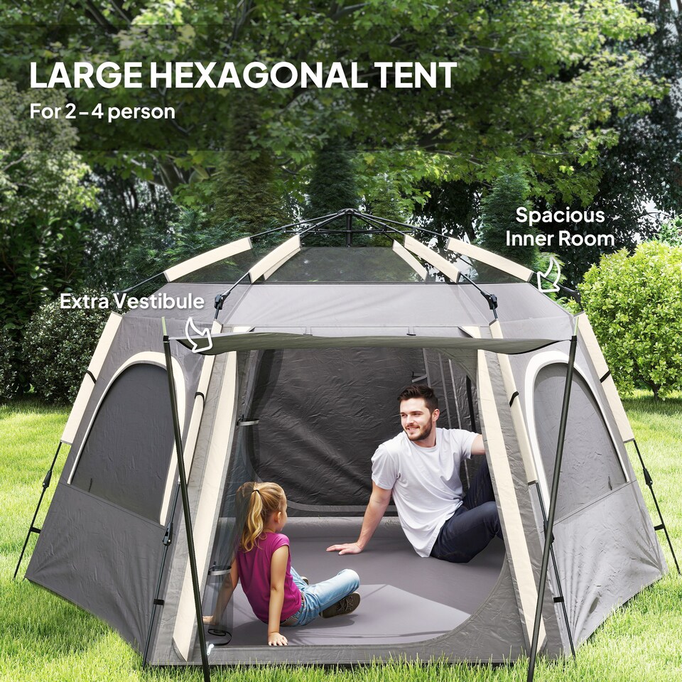 image 1 of Outsunny Instant Camping Tent, 4 Person Easy Setup Dome Tent | Grey | Dark Grey | 2.8L x 2.4W x 1.55H m
