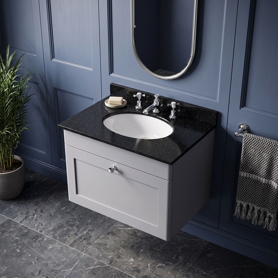 image 1 of Balterley Swynnerton Traditional 1 Drawer Wall Hung Vanity Unit with Marble Basin, Satin Grey, 600mm