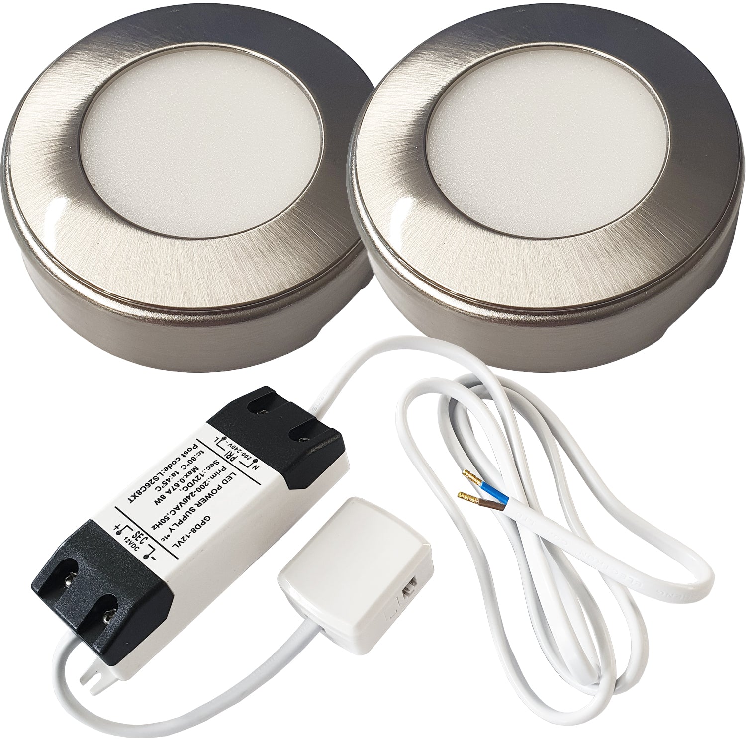 Loops 2x BRUSHED NICKEL Round Surface or Flush Under Cabinet Kitchen Light & Driver Kit - Natural White LED in Metallics