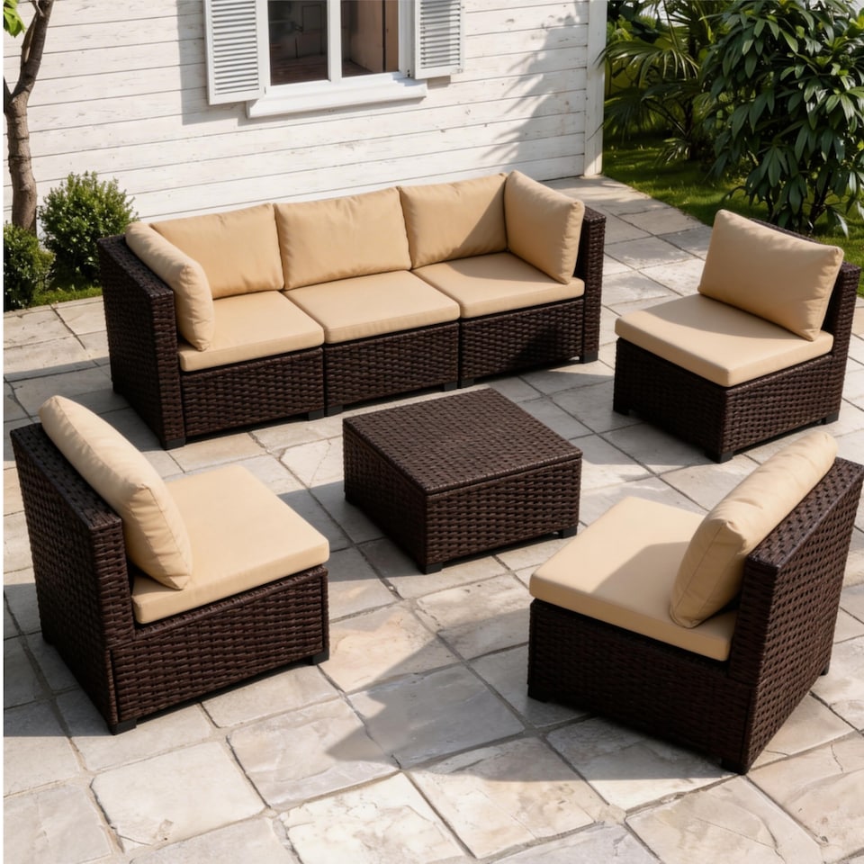 image 1 of 7 Piece Rattan Garden Furniture Set, 6 Seater Corner Sofa Set with Coffee Table