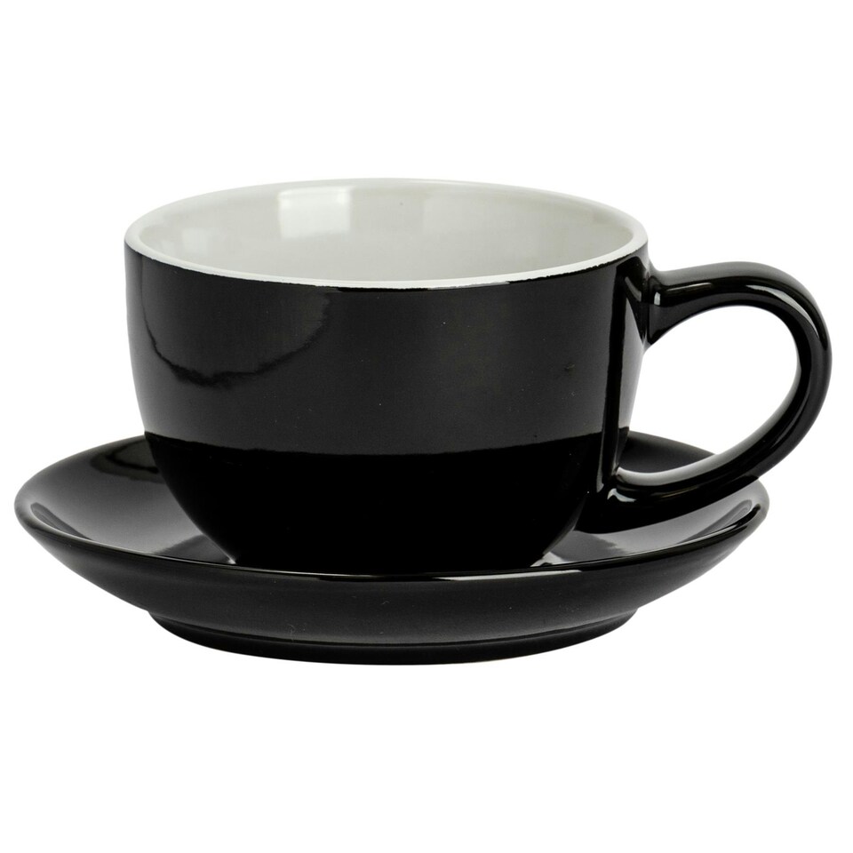 image 1 of Argon Tableware 2pc Coloured Cappuccino Cup & Saucer Set - 250ml - Black - Coffee Cup Latte Cup Drinking Cup