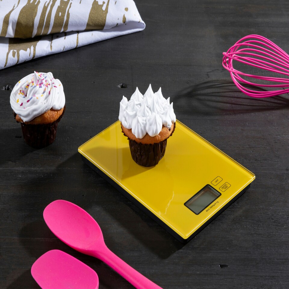 image 1 of Interiors By Premier Compact Yellow Glass Rectangular Kitchen Scale, Elecronic Style Scale For Ingredients, Easy To Read Scale
