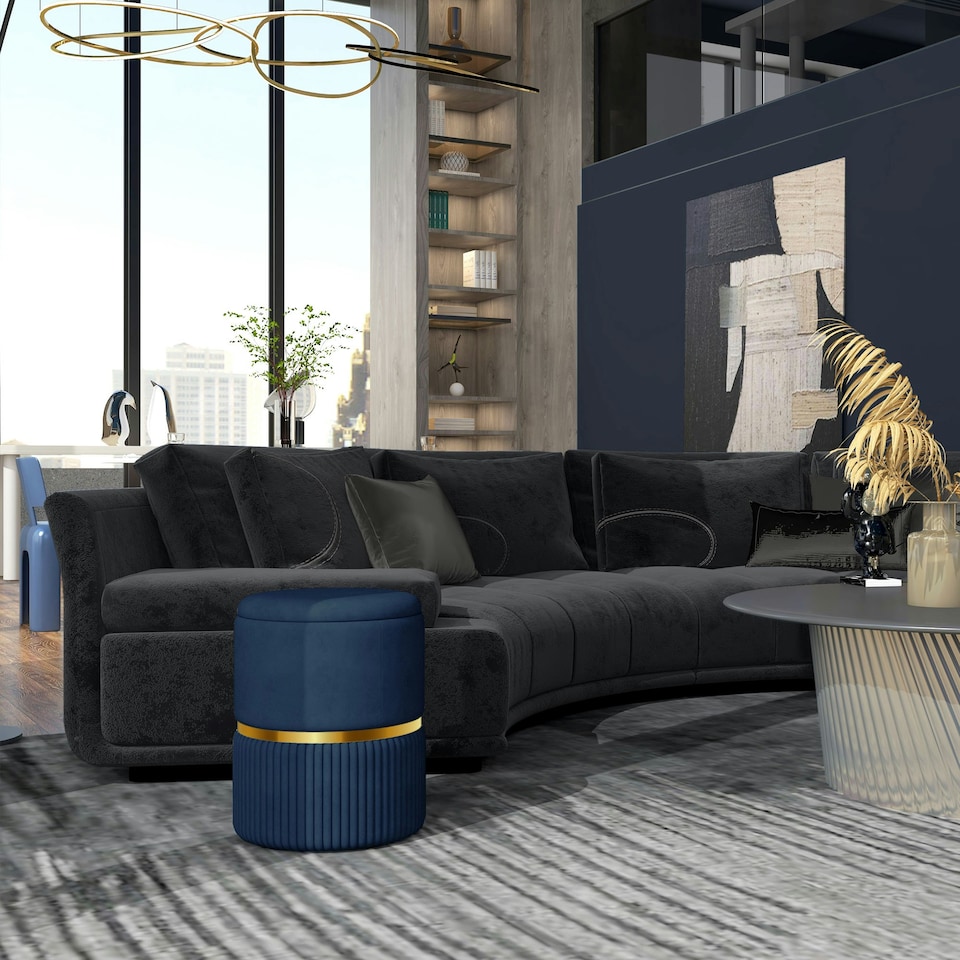 image 1 of HOMCOM Round Pouffe Storage Footstool with Cushioned Top Hidden Space Blue