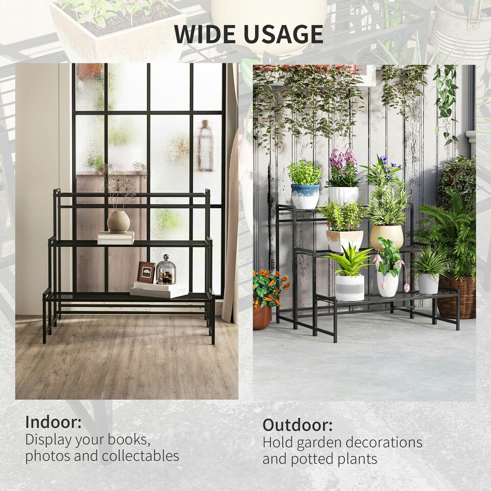 image 1 of Outsunny 3-Tier Metal Plant Stand, Modern Ladder Shelf for Garden, Black