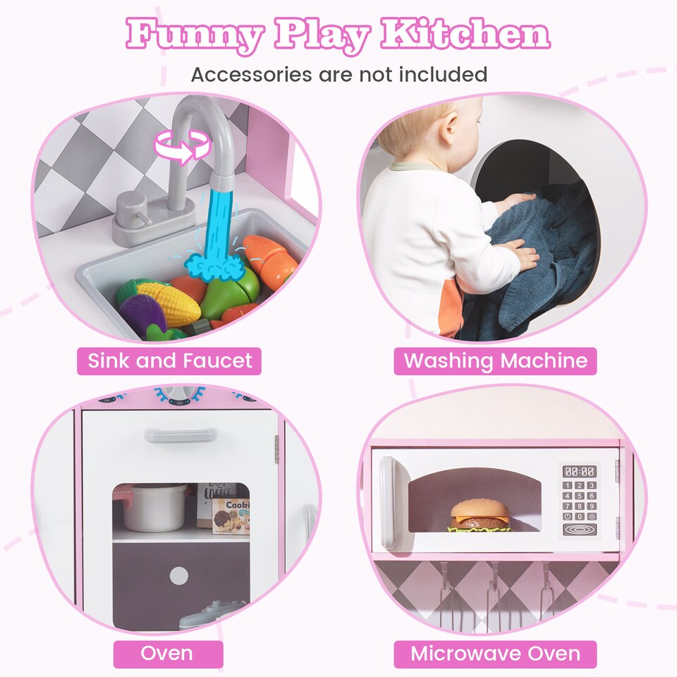 image 1 of COSTWAY Pretend Play Kitchen Kids Wooden Toy Set Kitchen Accessory Playset Pink